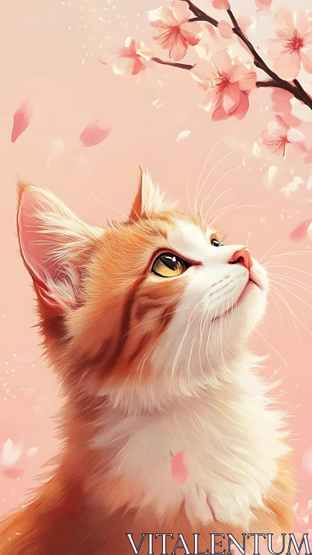 Ginger and White Cat Gazing Upward Among Cherry Blossoms. Digital Illustration.