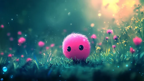 Soft pink fluffball smiles warmly in a glowing dream meadow