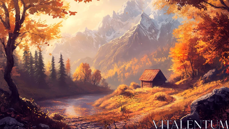 Autumn-lit mountain refuge beside a whispering river bend.