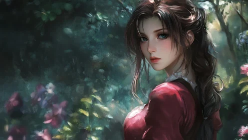 Brunette woman in red dress standing in a sunlit forest.