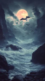 Moonlit storm channel with soaring seabirds, digital painting.