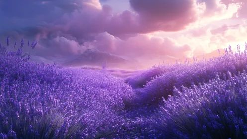 Digital painting of lavender valley at luminous sunset glow.