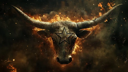 Flaming bull skull with central metal star emblem burns fiercely