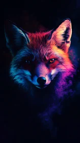 Neon fox portrait glows against deep cosmic shadows.