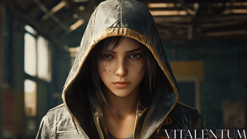 Hooded woman rendered with cinematic bokeh and hyperreal skin shading