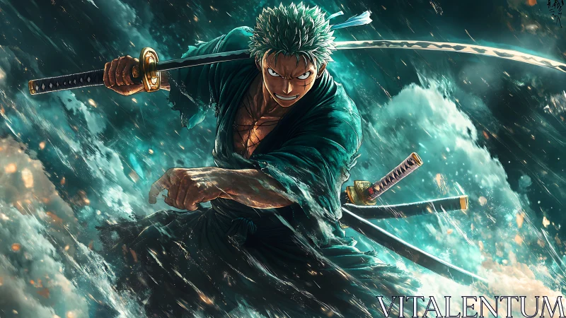 Sword-wielding figure advances through turbulent water scene