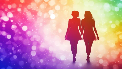 Silhouettes of two figures stand against a rainbow bokeh field