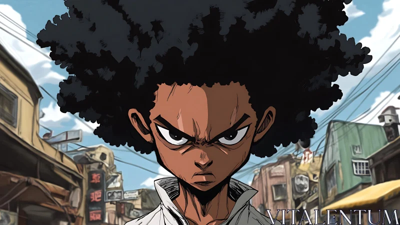 Determined anime boy with afro hair in urban street scene.