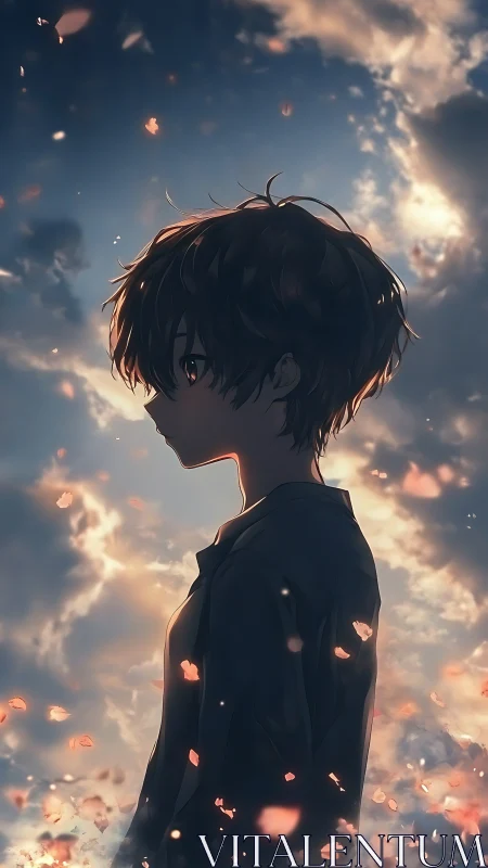 Anime silhouette portrait amid dusk sky and petals.