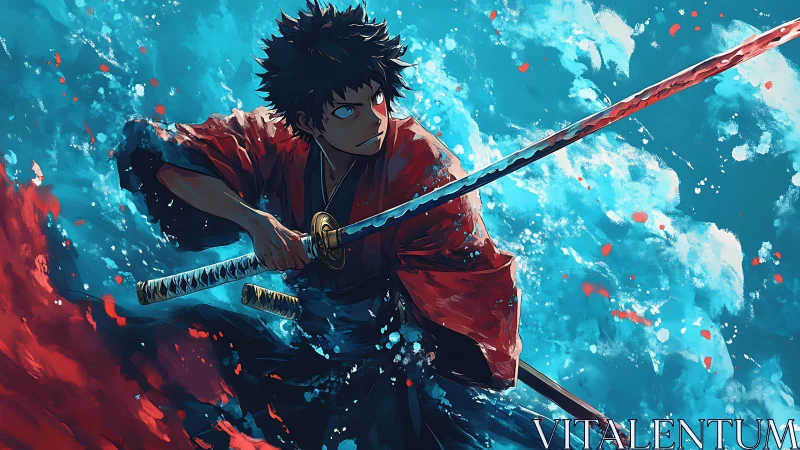 Samurai swordsman in dynamic blue and red abstract field.