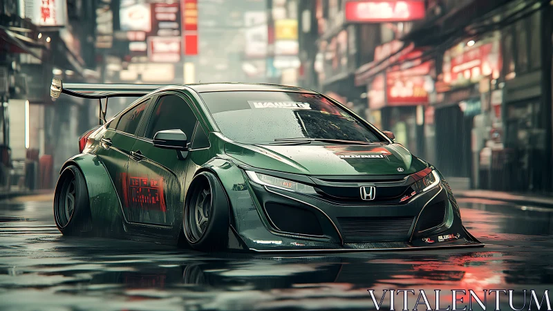 Neon-soaked Honda street prowler idling in rainy alleyways.