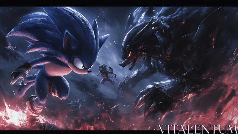 Blue anthropomorphic hedgehog confronts large dark creature