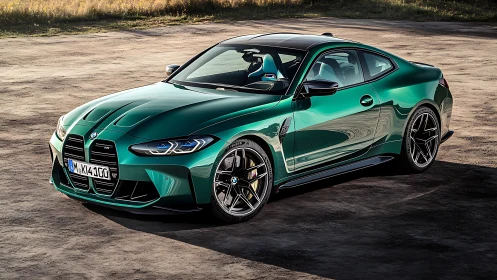 Gleaming green sports coupe basking in soft golden light.