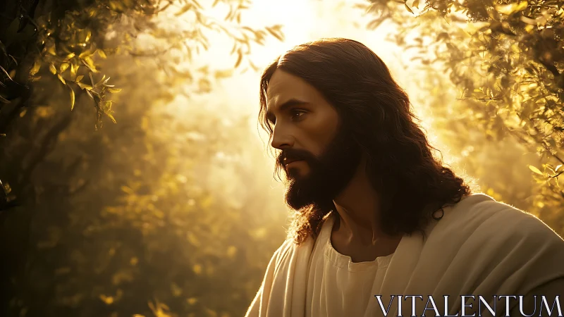 Serene robed figure walks through golden sunlit garden.