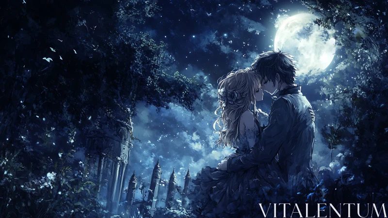 Lunar backlit anime couple in nocturnal forest clearing.