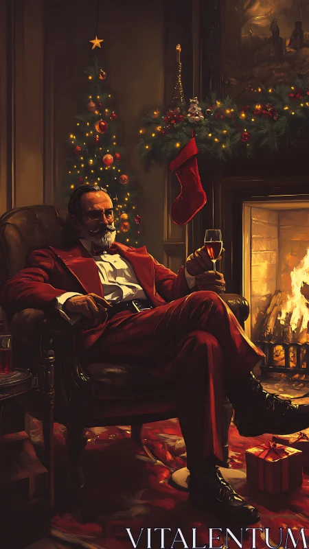 Sophisticated Santa in crimson suit by glowing hearthside.