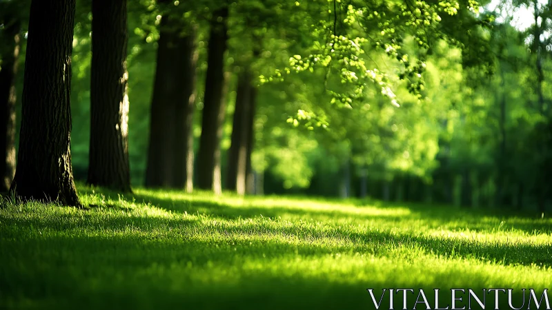 Sunlit Forest Edge with Lush Green Grass in Soft Focus Style.