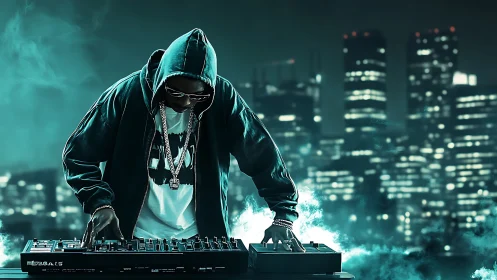 Hooded DJ mixing beats over smoky neon city skyline.
