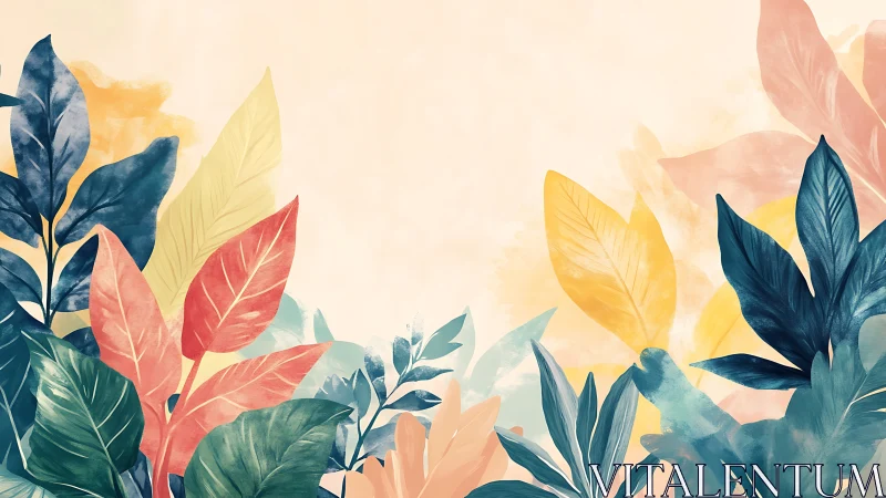 Multicolored botanical foliage border on pale background.