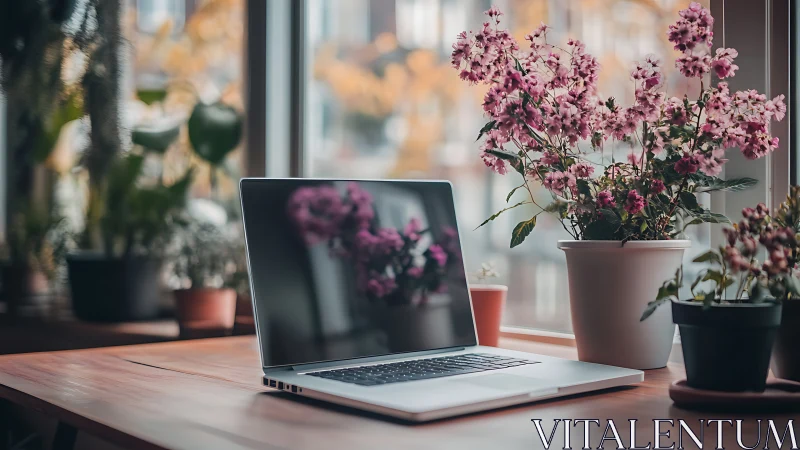 Minimalist laptop workspace framed by potted pink flowers.