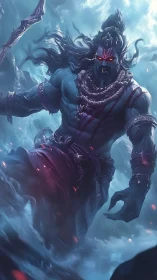 Mythic blue warrior figure with glowing red eyes in mist.