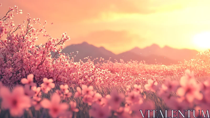 Pink Blooms Burst Against Golden Hour Mountains