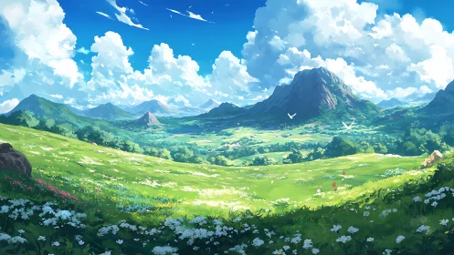 Sunlit valley meadow opens toward distant blue mountains