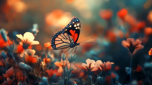 Butterfly hovers over blurred wildflowers in shallow depth