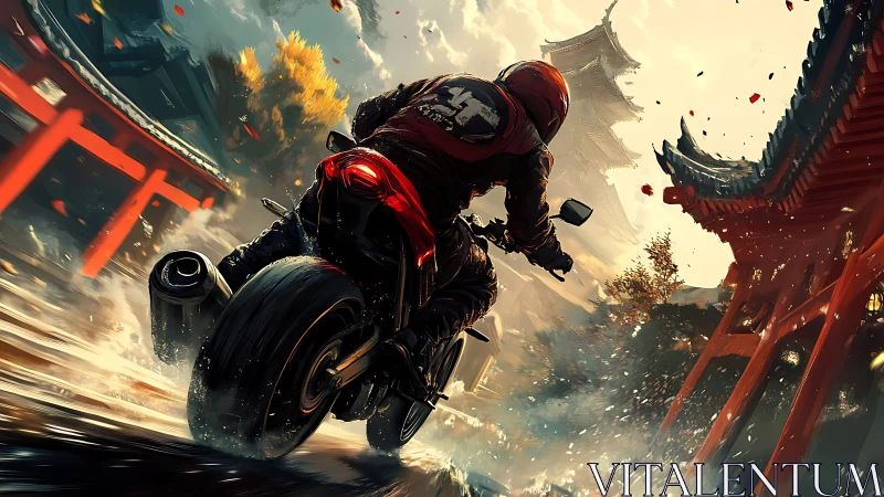 Motorcyclist racing through stormy neon temple district at dusk.