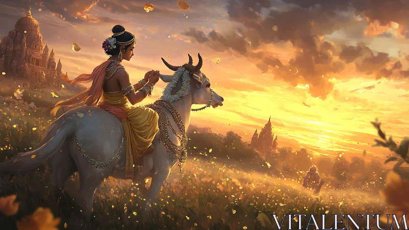 Sunlit Indian princess on jeweled white bull in temple meadow