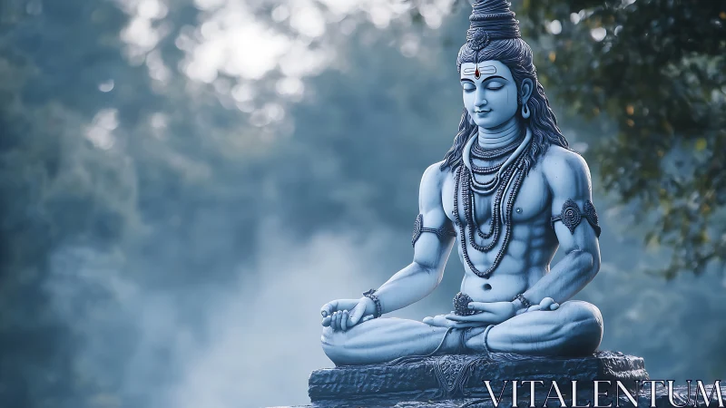 Serene Shiva statue in meditative pose under cool blue light