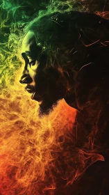 Soulful profile wrapped in glowing reggae-colored smoke.