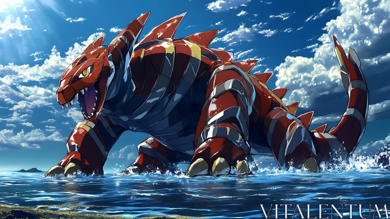 Sea-splitting titan strides through sunlight and storm-tossed waves