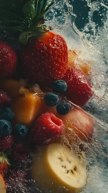 High-speed splash macro of mixed berries and sliced fruit.
