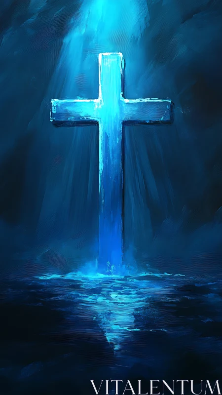 Luminous blue cross rises over dark reflective waters.