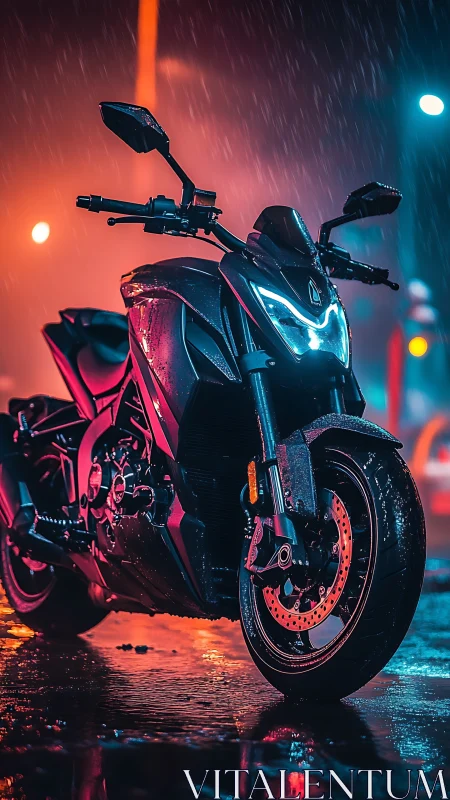 Neon sport motorcycle stands in rainy night city street