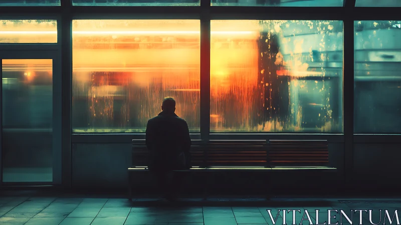 Quiet evening wait at a glowing city train stop window.