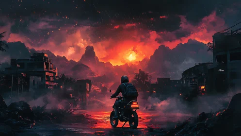 Lone biker crosses flooded ruins under burning storm sky.