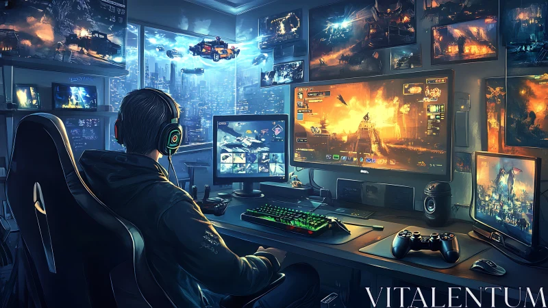 Person operates multi-screen gaming workstation facing cityscape