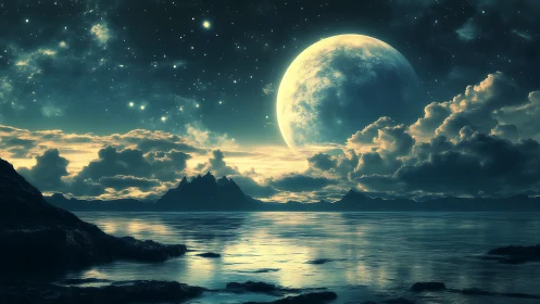 Large moon over coastal water under dense star field