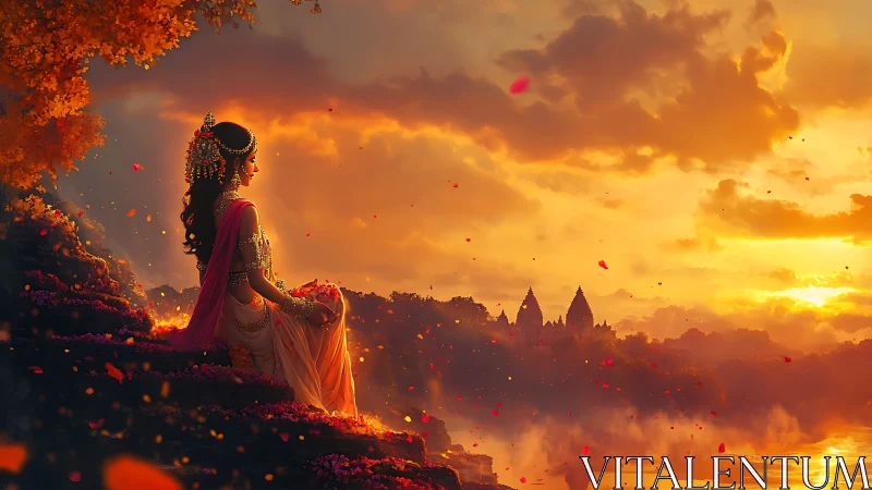 Woman in traditional attire seated by river at sunset.