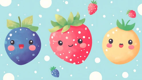 Bubbly berry trio giggling in a pastel polka sky.