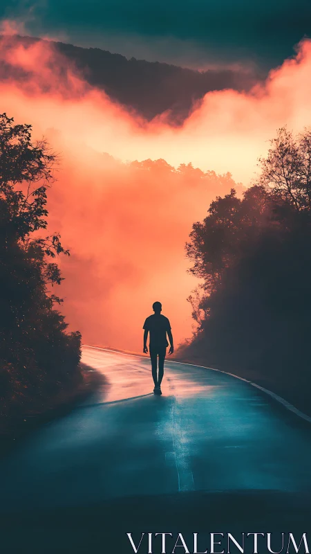 Silhouette on wet road against dense orange mist at dusk.