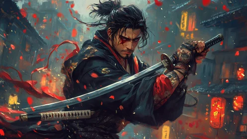 Dynamic digital painting of samurai swordsman in lantern-lit street.