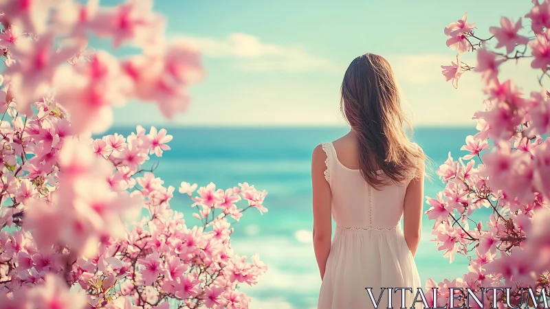 Woman in White Dress Among Pink Blossoms by the Ocean, Dreamy Style.