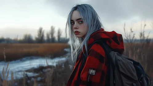 Silver-haired teen in red plaid parka crosses frozen marshland at dusk