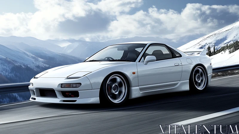 White sports coupe races along a sunlit snowy mountain road
