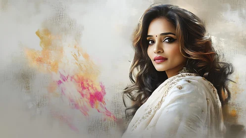 Elegant woman in sari against soft abstract canvas.