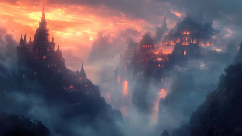 Digital painting of burning citadel skyline in storm clouds.