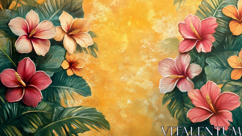 Tropical hibiscus border on textured golden background canvas.